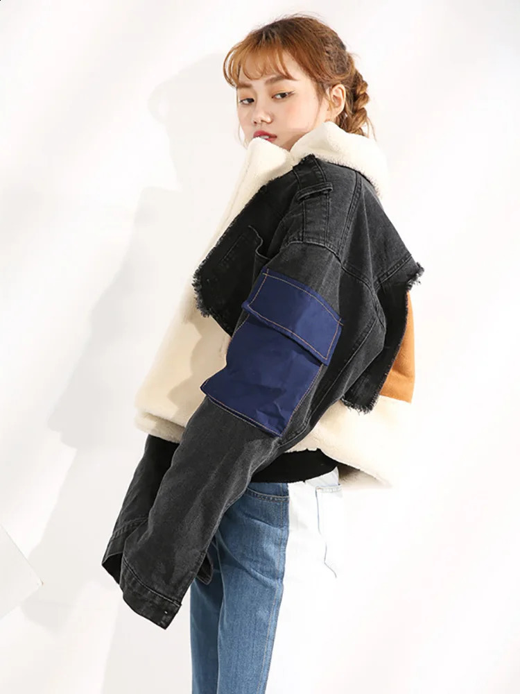 DEAT Autumn sheep fur turndown collar full sleeves denim blue patchwork spliced clothes letters printed coat trench WJ1020 241119