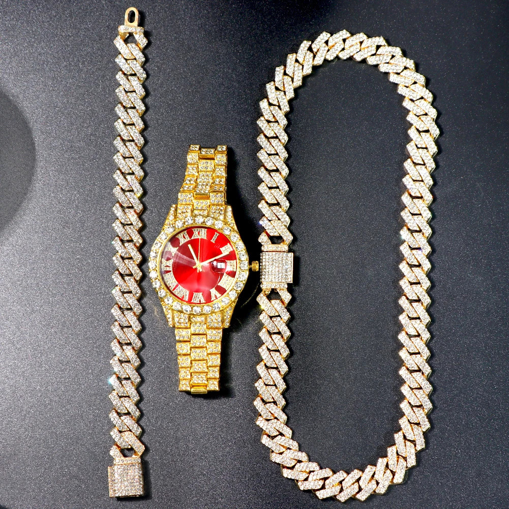 NecklaceWatchBracelet Iced Out Watch For Men Hip Hop 14MM Prong Cuban Chain Rapper Cuban Necklaces Set Punk Party Jewelry Gift 240323