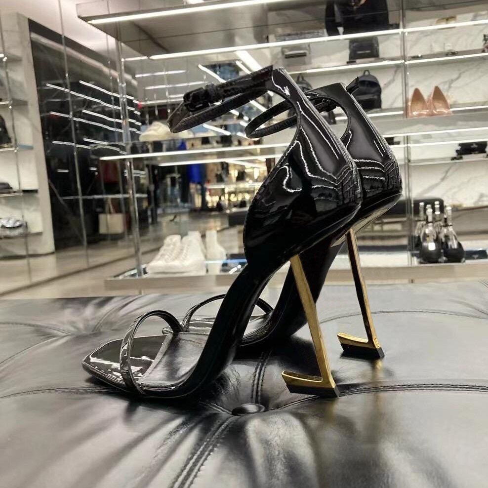 Designer high heels gold heel Dress women Shoes high-heeled Sandals Patent Leather Golden Tone black lady top quality sandals Party Wedding Office pump shoe