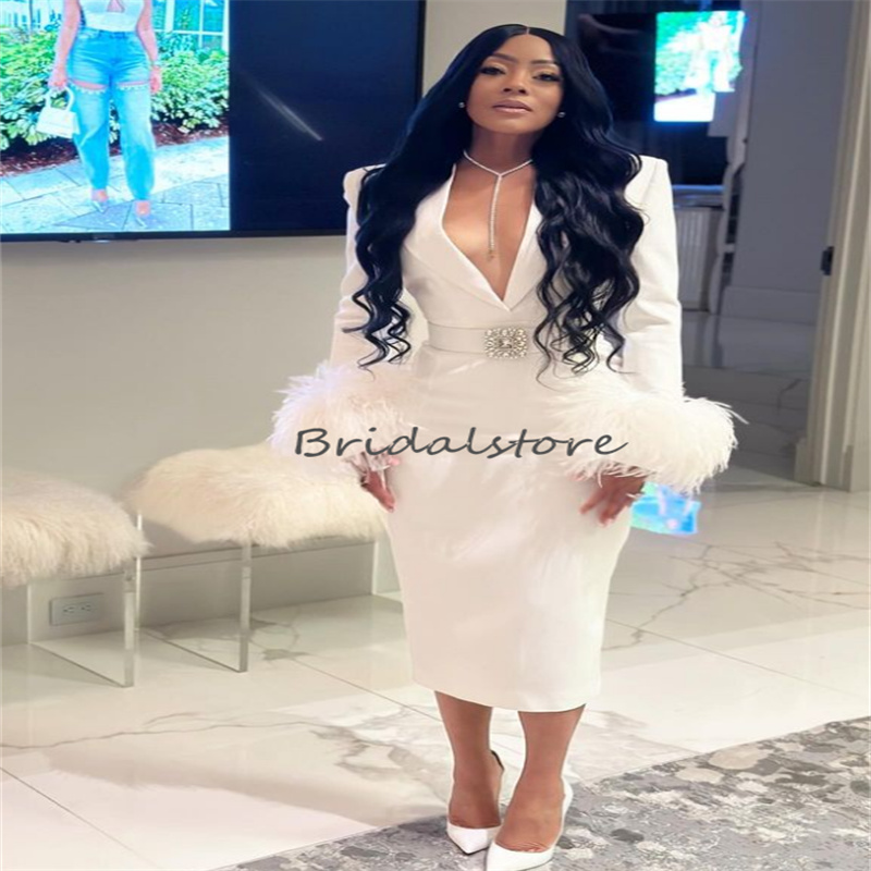 Aso Ebi White Feather Prom Dresses With Long Sleeve Sexy V Neck Tea Length Midi Evening Dress Black Women Holiday Outfit Vestios De Gala 2024 Cocktail