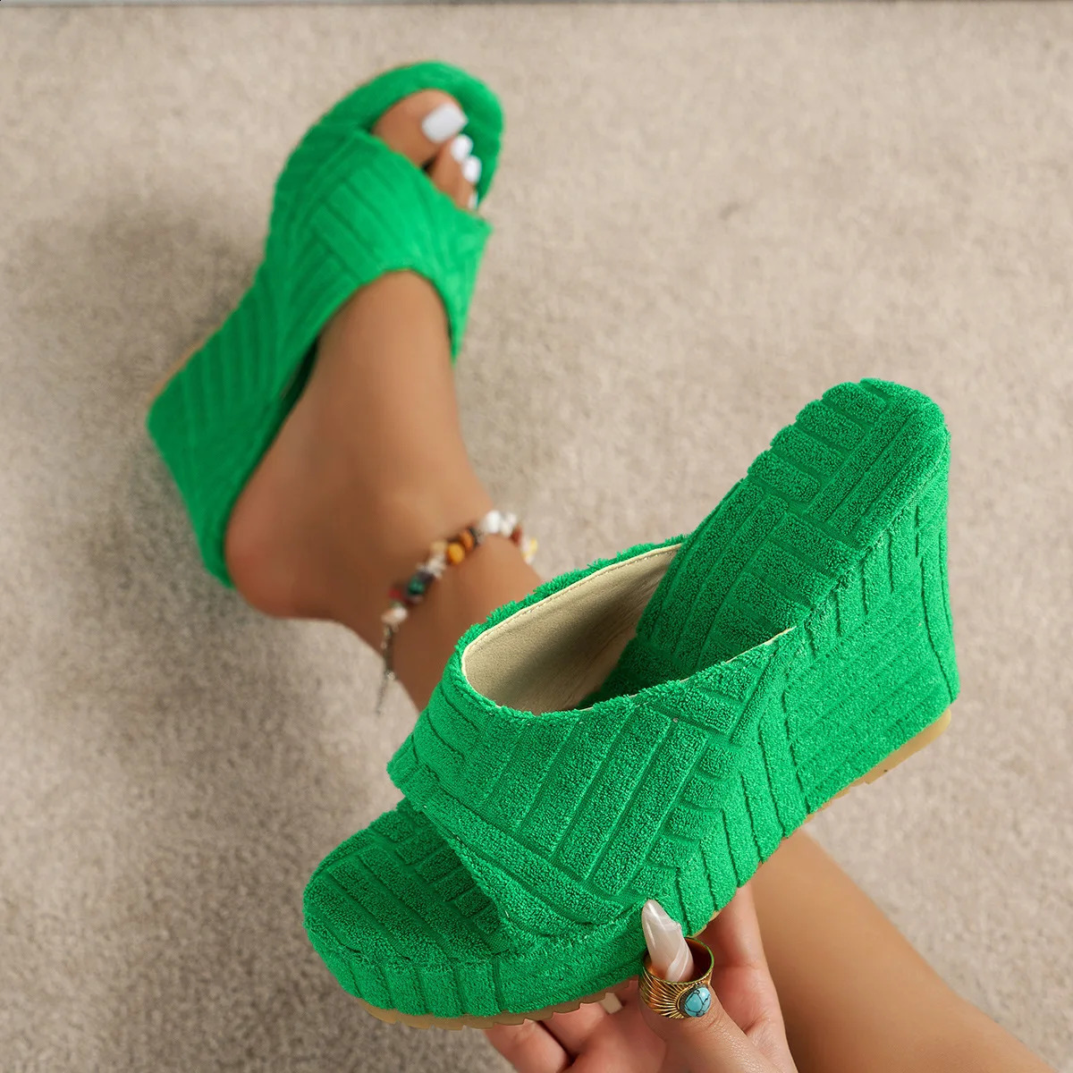 2024 Women SpringSummer High Heel Waterproof Table Towel Plush Solid Color Fish Mouth Sandals Outdoor Fashion Slippers 241118