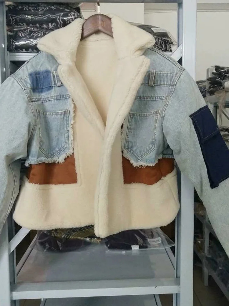 DEAT Autumn sheep fur turndown collar full sleeves denim blue patchwork spliced clothes letters printed coat trench WJ1020 241119