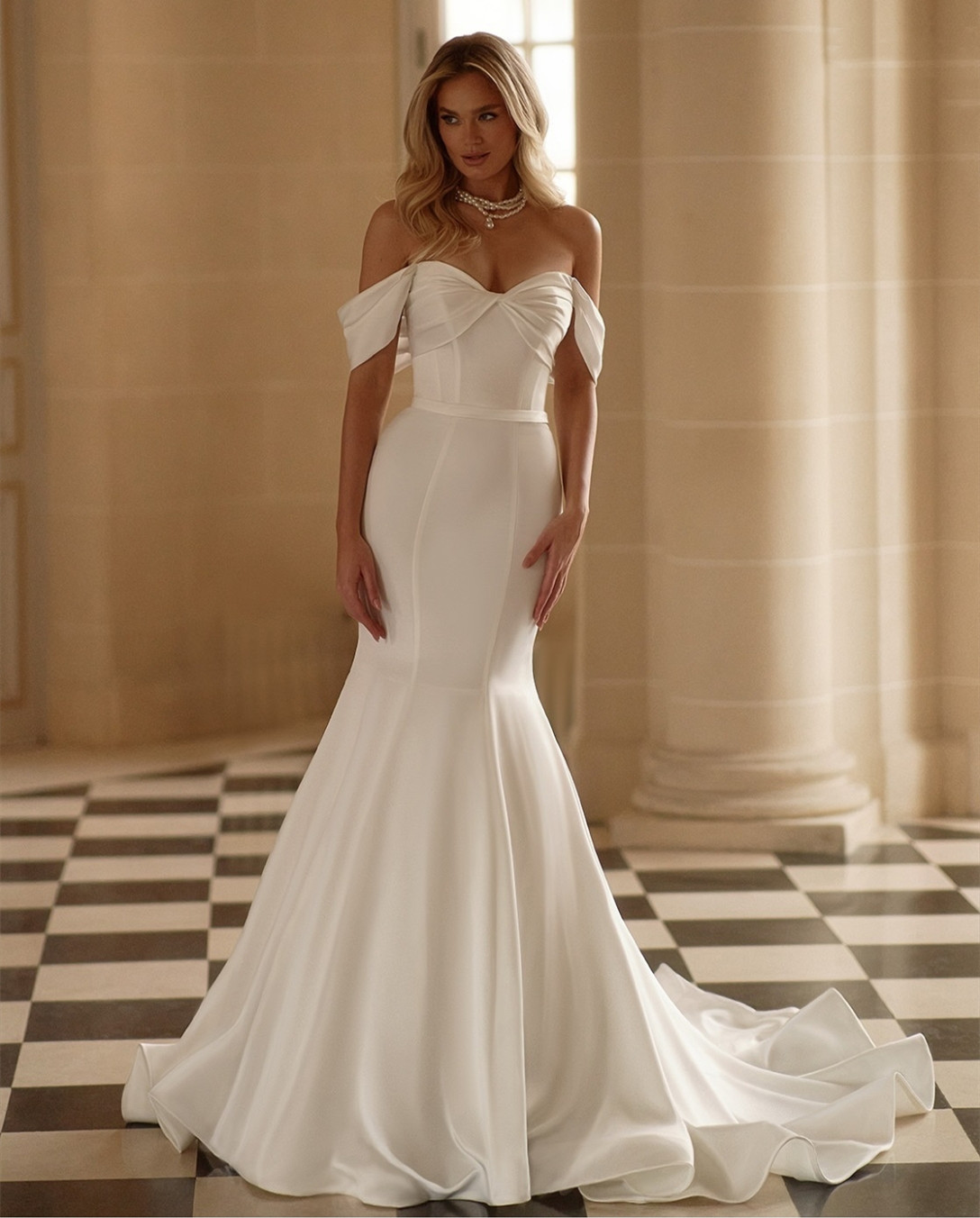 Mermaid Vintage Long Off Shoulder Wedding Dresses Trumpet Satin Lace Up Back Ivory Sweep Train Vestidos De Novia Abendkleid Bridal Gown For Women