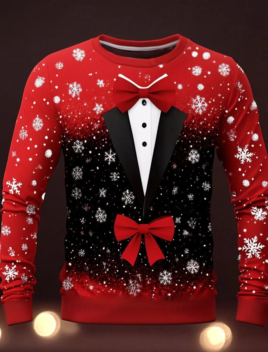 Christmas Tree Snowflake Bow tie Mens 3D Print Crew Neck T shirt Tee Party Casual Theme Red Long Sleeve tops 241108