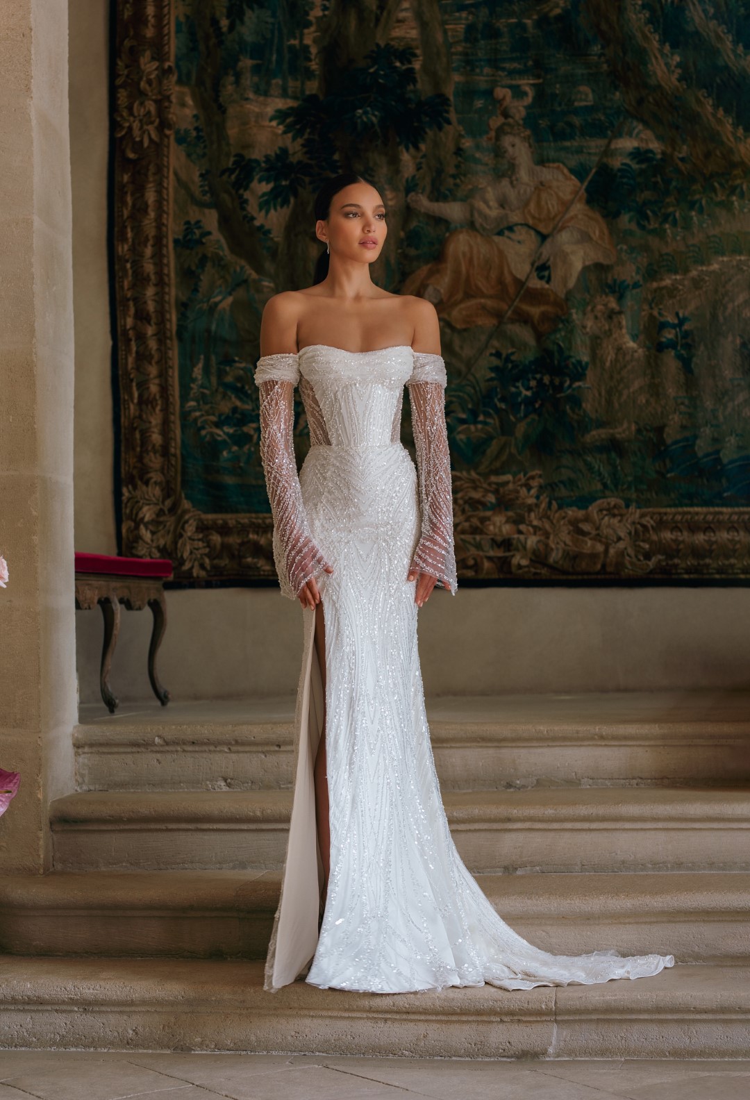 Elegance Beading Sequined And Pearls Lace Ruched Strapless 2 In 1 Mermaid Wedding Dress With Removable train Off Shoulder Full Sleeves Trumpet Bridal 