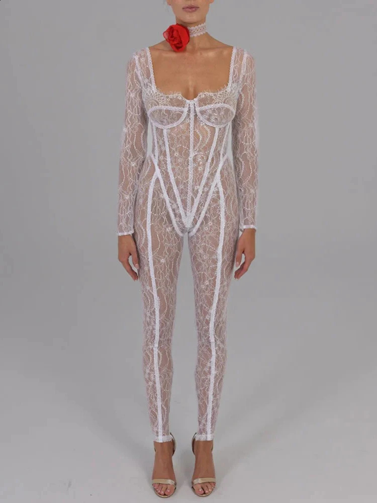 Mozision lace See Through long sleeved sexy jumpsuit square collarless tight night club party jumpsuit elegant clothing 241115