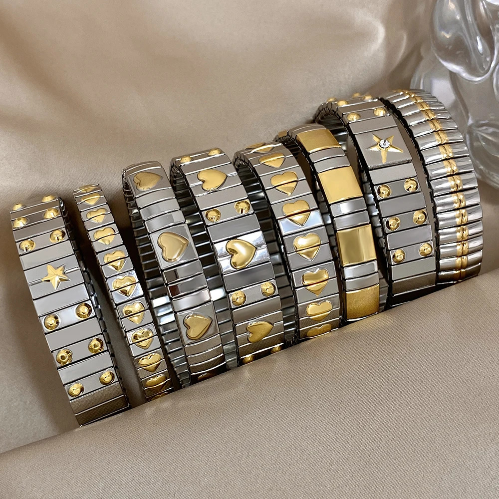 Vintage Stainless Steel Bangles Bracelet Classic Elasticity Love Heart Bangle for Women Wristband Waterproof Jewelry Gifts 240410