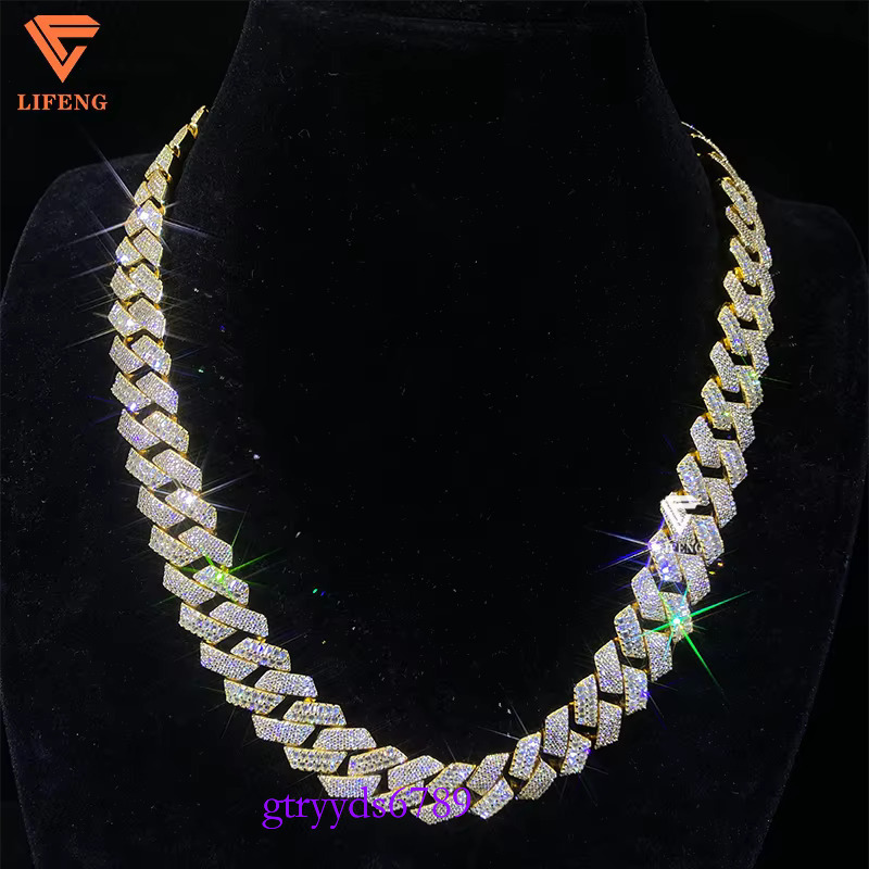 Custom Sterg Sier Iced Moissanite Cuban k Chain New Style 16mm Baguette Cut VVS Dia HipHop Necklace Yellow Gold