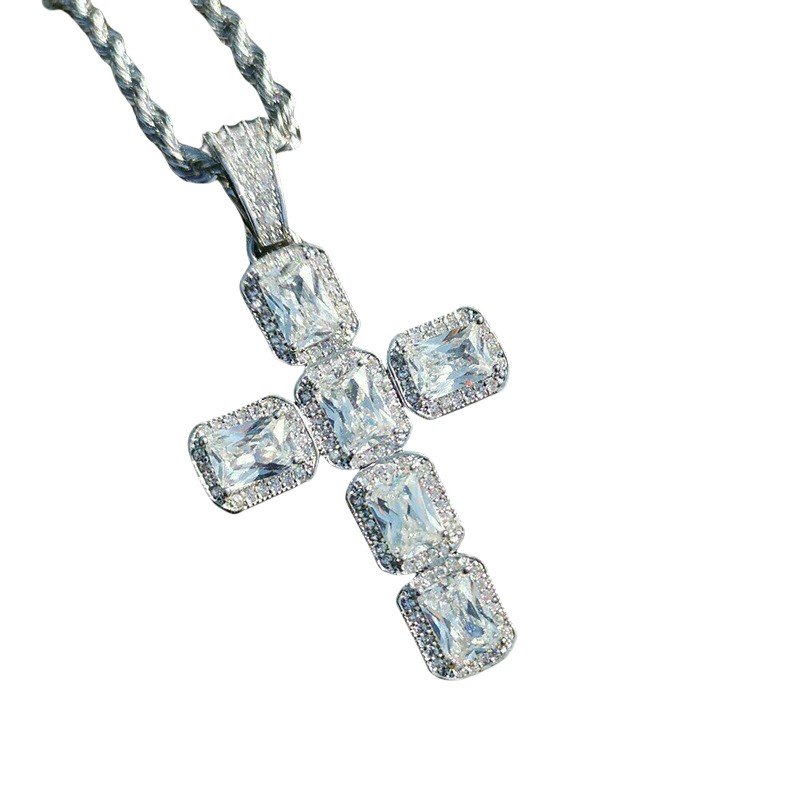 Hip Hop Cross Pendant: 10KT White Gold Fill Princess Cut Cubic Zirconia Vintage Jewelry Necklace for Men and Women