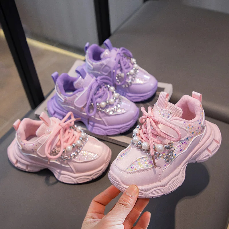 Kids Sneakers Girls Spring Fashion Shiny with Pearl Running Sport Shoes Children Nonslip Trainers Student Casual 241118