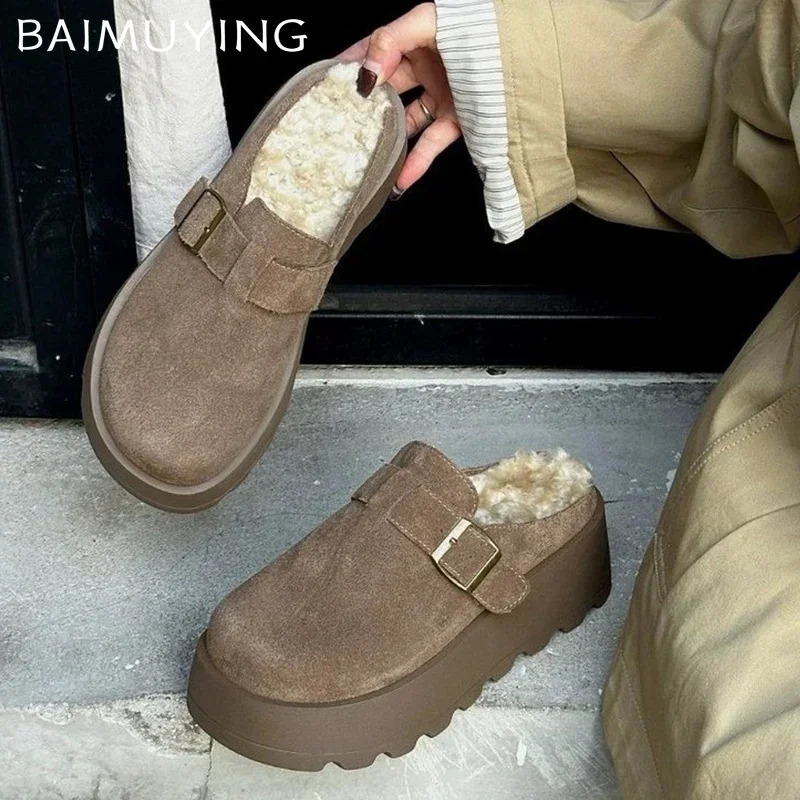Suede Platform Women Slippers Short Plush er Flats Cotton Mules Shoes Trend Warm Snow Botas Cozy Winter Zapatos Mujer 241118