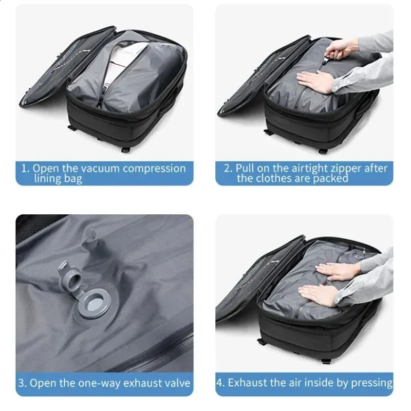 Airback vacuum compression backpack with pump expandable travel suitable for men women and airline approved business bags 60L