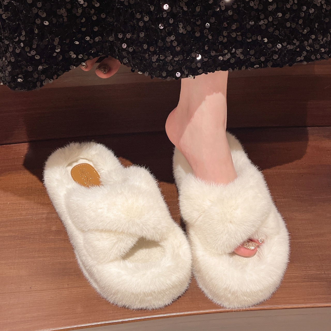 band Cross slippers women cut-out solid color slides ladies comfy indoor flipps rabbit fur New open toe femmes pantoufles
