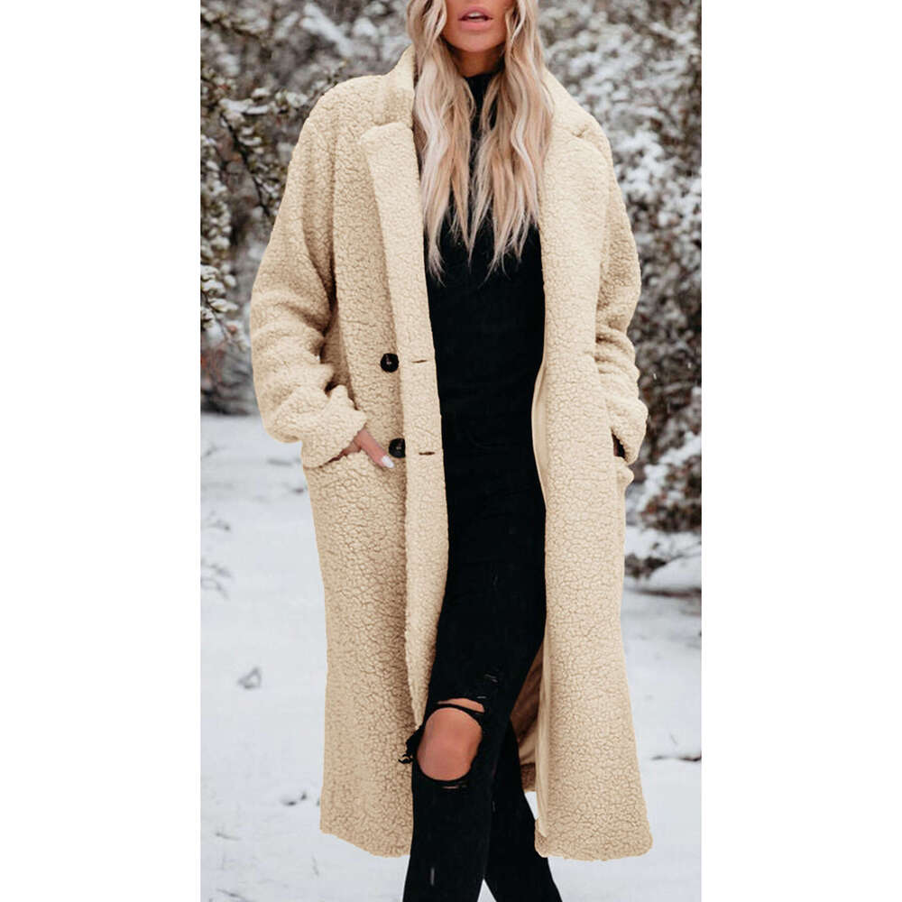 Autumn and winter warm long sleeved lapel plush top women's coat women