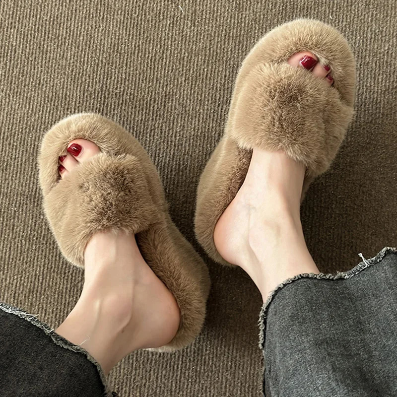 Autumn Winter Wedge Fluffy Slippers Woman Home Fur Slippers for Women Chunky Platform Slides Cozy Fuzzy Indoor Shoes 241118
