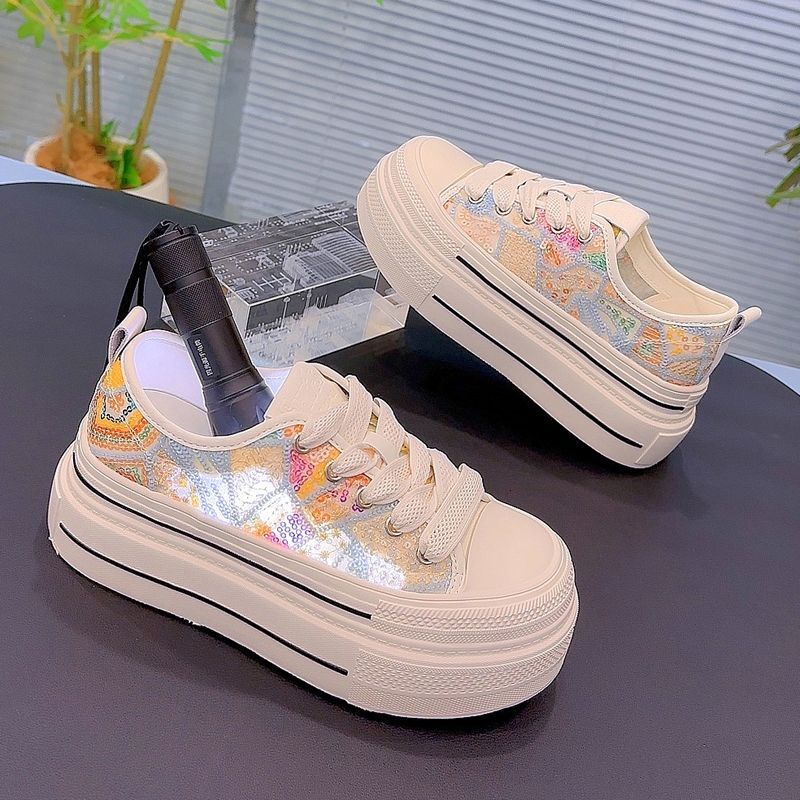 New popular breathable sequin mesh canvas, new white casual outdoor sports shoes, sponge cake thick soled designer sports shoes