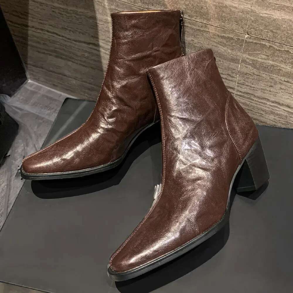 Elegant ladies 6cm thick med heel autumn ankle boots square toe pleated sheepskin soft comfortable short booties shoes for women 1f50
