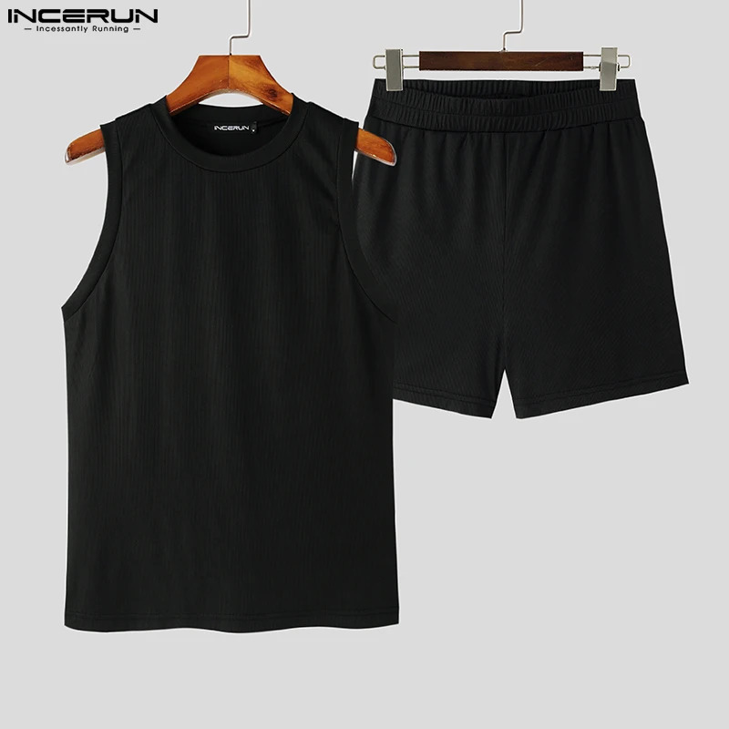 Men Sets Solid Color Summer Streetwear O-neck Sleeveless Tank Tops Shorts 2PCS Fitness Mens Casual Suits S-5XL INCERUN 240412