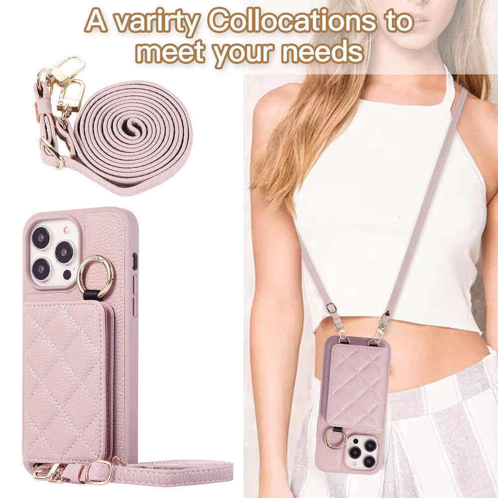 Suitable for iPhone 16 Pro phone case insert card Apple 15 Plus crossbody with mirror ring diamond grid protective cover