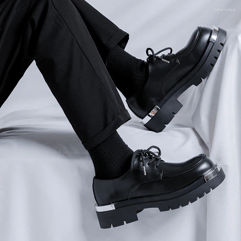Casual Shoes Platform Man Japan Harajuku Korean Metal Fashion Black Business Wedding Leather Shoe Men Streetwear Cargo