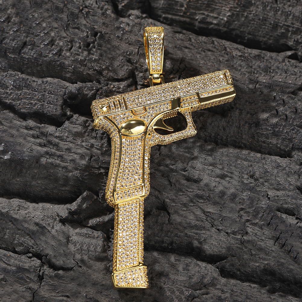 Hip Hop Punk Vintage Hand Gun Pendant Necklace 5A Zircon 18k Real Gold Plated Street Rap Jewelry