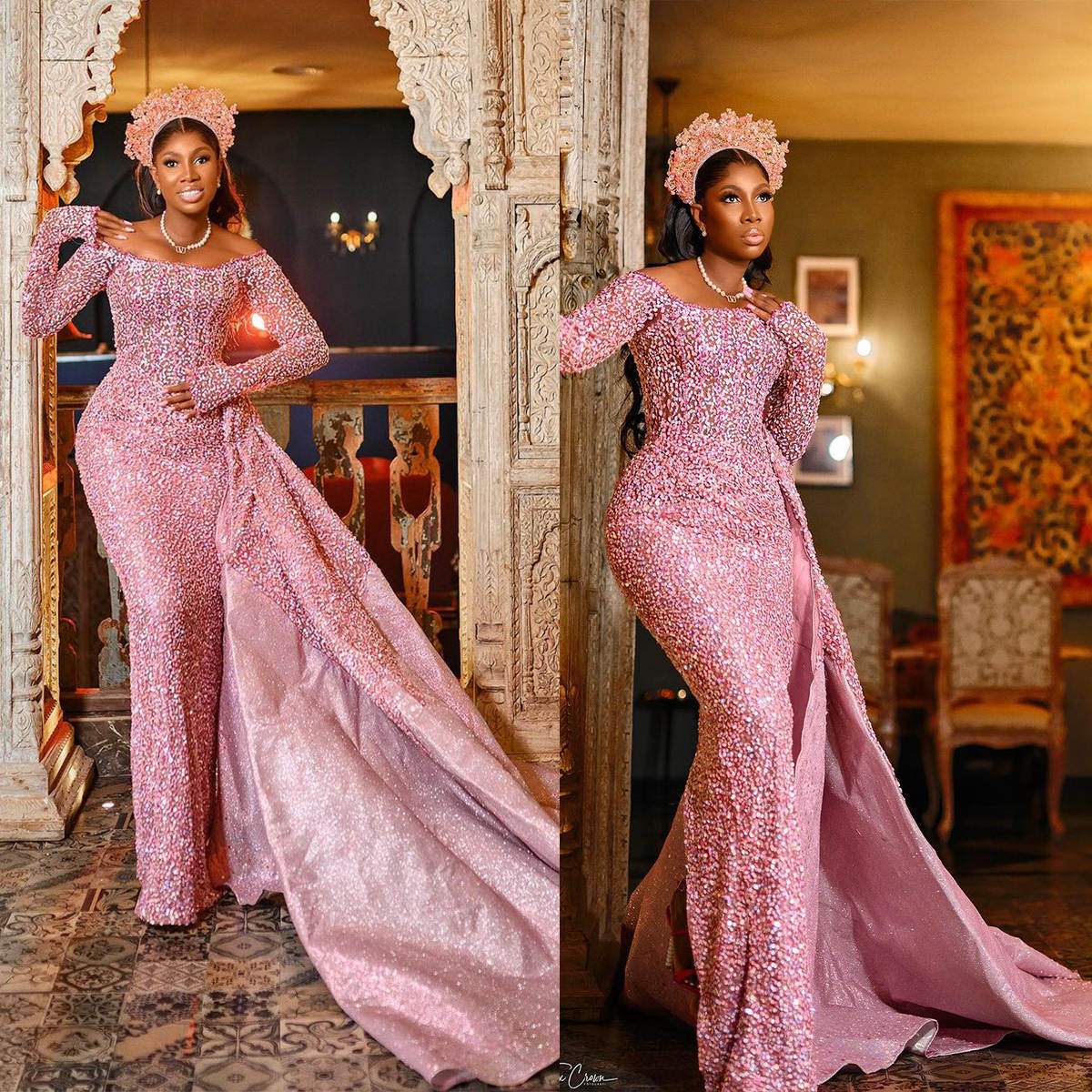 Sequined Mermaid Prom Dresses Ruffles Off Shoulder Reception Dress Sparkly Sequins Red Formal Evening Gowns African Black Girls Pageant Wear