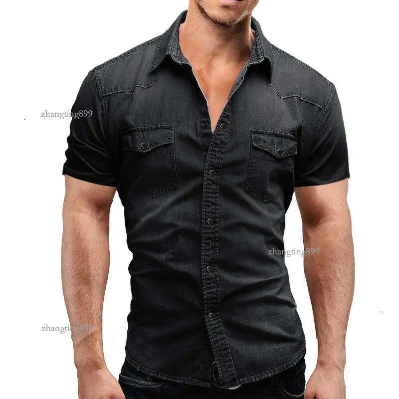 Men Spring Summer Denim Thin Shirt Short Sleeve Soft Cotton Two Pockets Slim Slight Elastic Jeans Cowboy Clothing Men's Casual Shirts