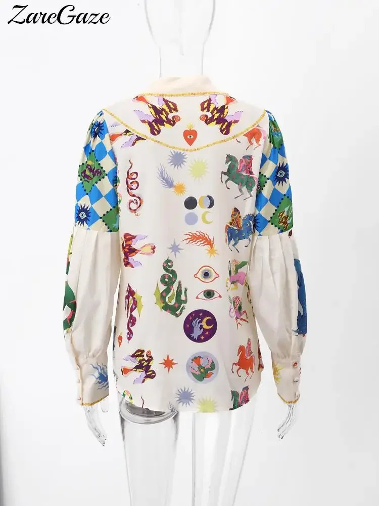 Fashion Printed Women Chiffon Shirt Bubble Sleeve Lapel Button Loose Blouse Spring Summer Elegant Lady Top 240412