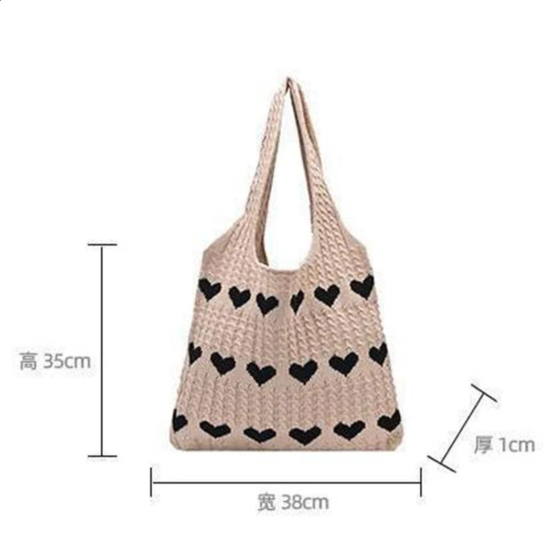 Love Wool Large Knitted Bag Shoulder Shopping for Women Vintage Cotton Cloth Girls Tote Shopper Female Handbag Crochet 241115