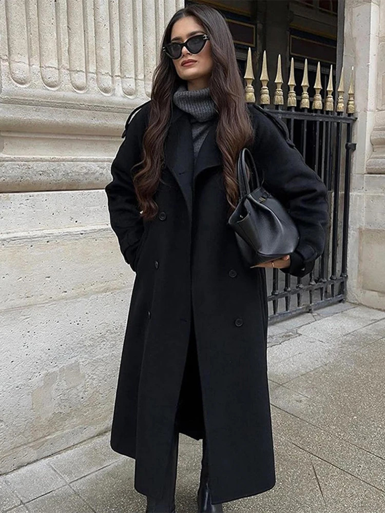 Elegant Wool Blend Coat Women Fashion Loose Lapel Lace Up Overcoat Female Autumn Winter Lady High Street Outerwear 241119