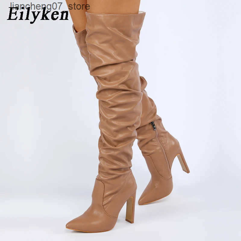 Eilyken Pleated Thigh High Boots Fashion Pointed hot Toe Zip Female Stiletto Square Heels Design White Black Brown Womens Shoes J241119