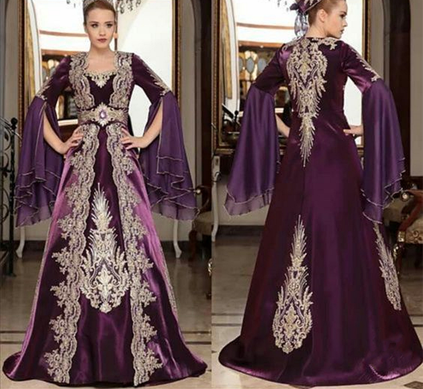 Elegant Turkey Caftan Purple Velvet Evening Dresses With Gold Lace Appliques Crystal Beaded A Line Floor Length Formal Event Gowns Flare Long Sleeves 
