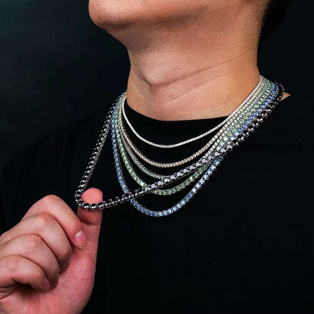 Iced Out Chain Sier 3-6Mm Round Dia Colorful Moissanite Tennis Necklace Fashion Jewelry For Man And Women