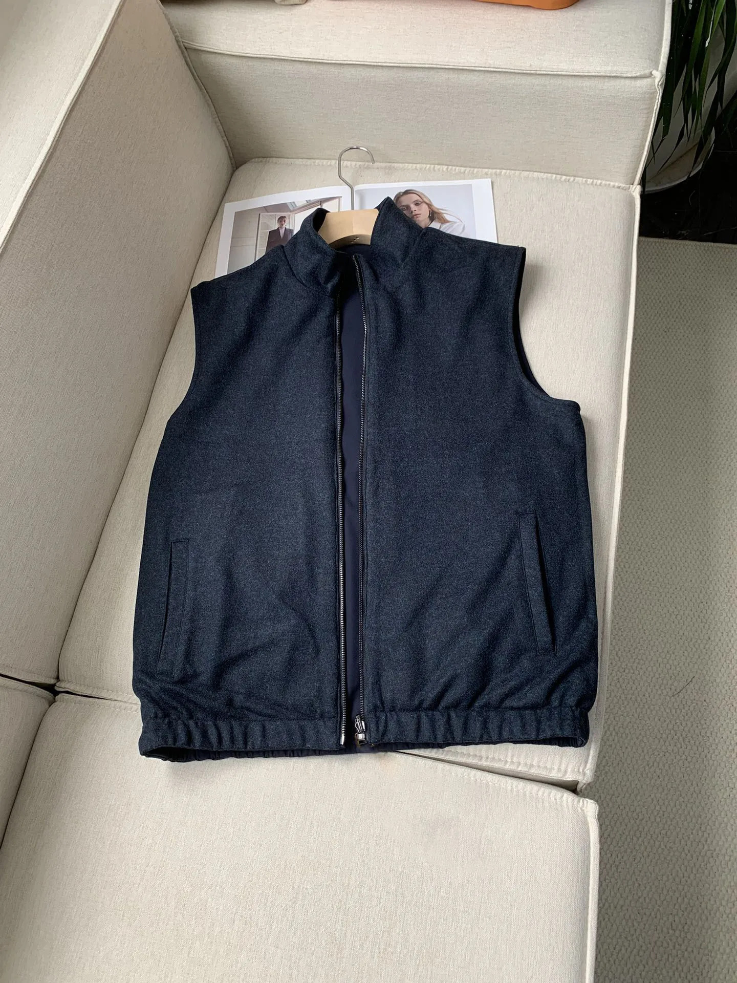 Men's Zipper Vest Jacket Wool Ed Stand Collar Sleeveless Solid Color Casual Autumn Coat