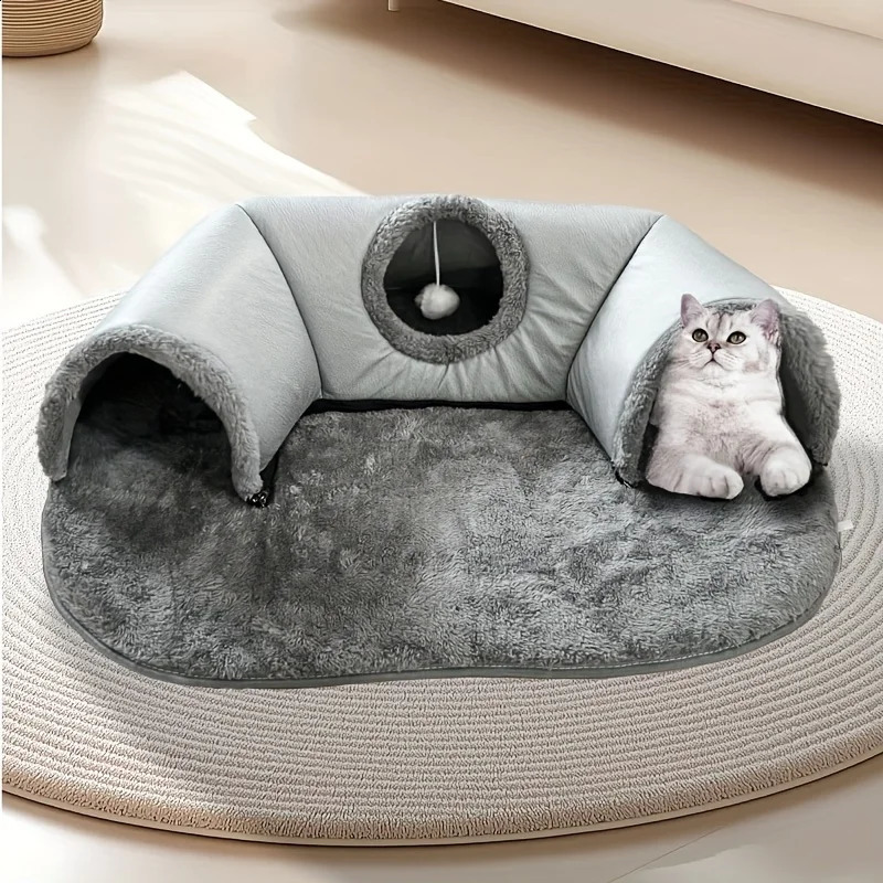 3-in-1 comfortable cat tunnel bed game pad with warm nest anti slip bottom suitable for small to medium-sized cats dogs rabbits and household pet kenn