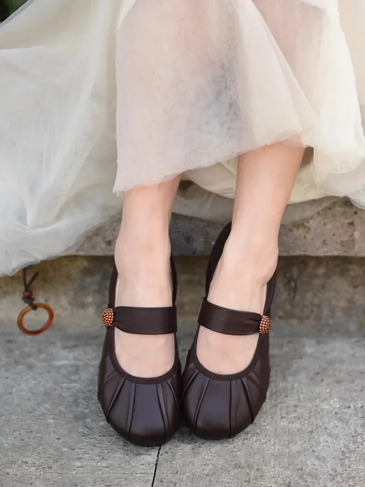 Artmu Original Pleated Mary Jane Shoes For Women Elastic Band Flats Casual Soft Soles Shoes Genuine Leather Shoes 241118