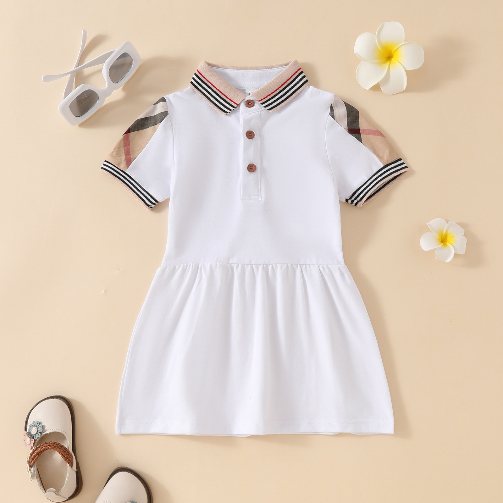 Summer Baby Girls Princess Dresses Cotton Kids Short Sleeve Plaid Dress Girl Turn-Down Collar Dress Children Skirt R250424
