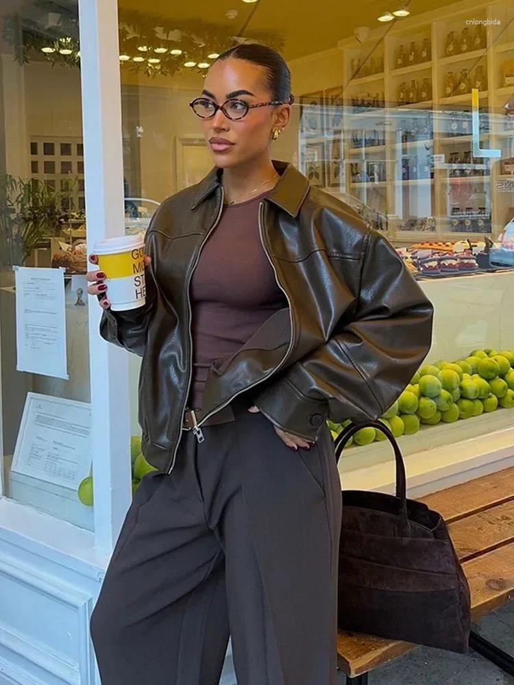 Women's Jackets Women Brown Long Sleeve Lapel Leather Jacket Fashion Zipper Pockets Loose Coats Autumn Winter Lady High Street Outerwear