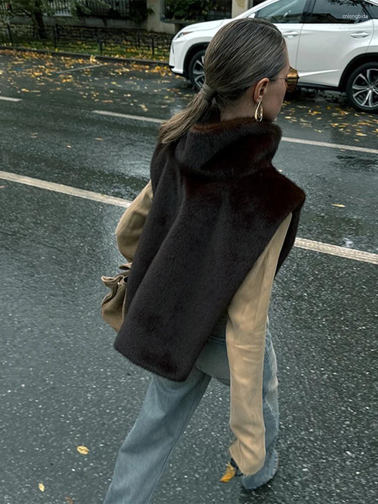 Women's Fur Vintage Turtleneck Faux Waistcoat Women Casual Solid High Neck Plush Sleeveless Coats Female Winter Chic Street Outwear