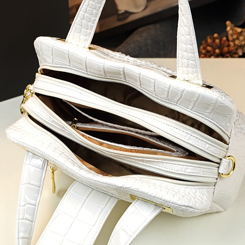 Cowhide Leather Women Handbag Lace Crocodile Pattern Mother Bag Shoulder Messenger Three-Layer Middle-Aged Portable Boston Bags Genuine Leather BagVoy