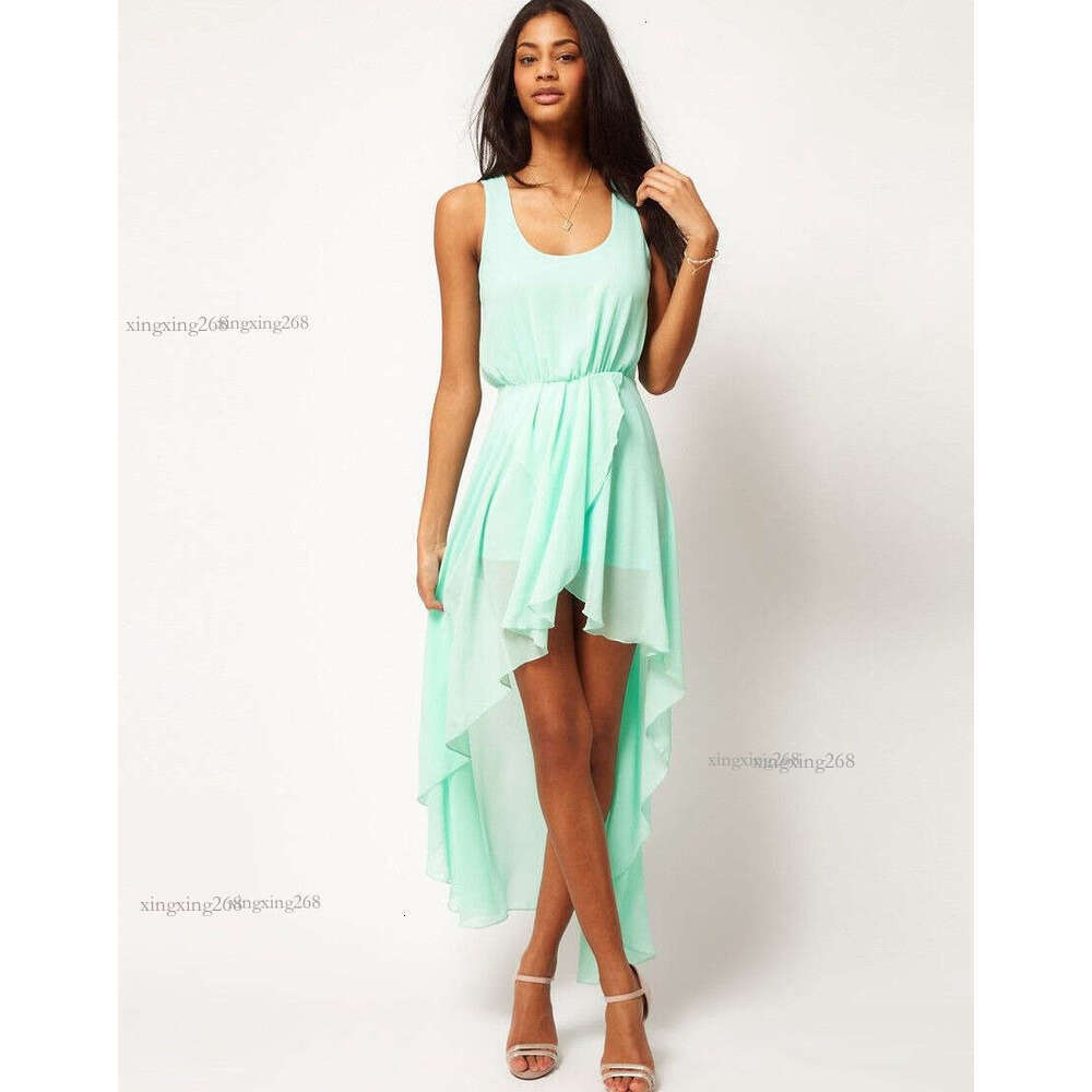 Wholesale-New Summer 2015 Ladies Long Chiffon Low-High Sexy Dress Fashion Mint Green/Leopard Summer Dress Casual Brand Dresses H18