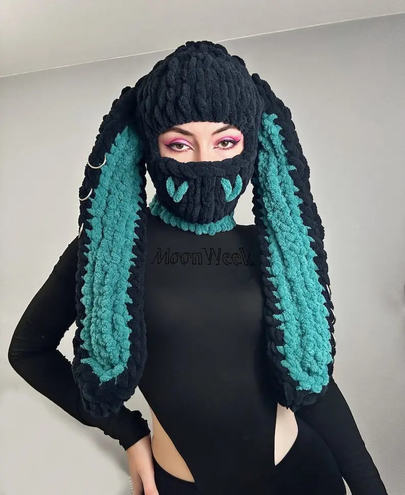 Bear Ears Crochet Balaclava Women Handmade Chain Circle Knitted Hat Fashion Party Chenille Mask Warm Ear Protection Skullies Cap 240419