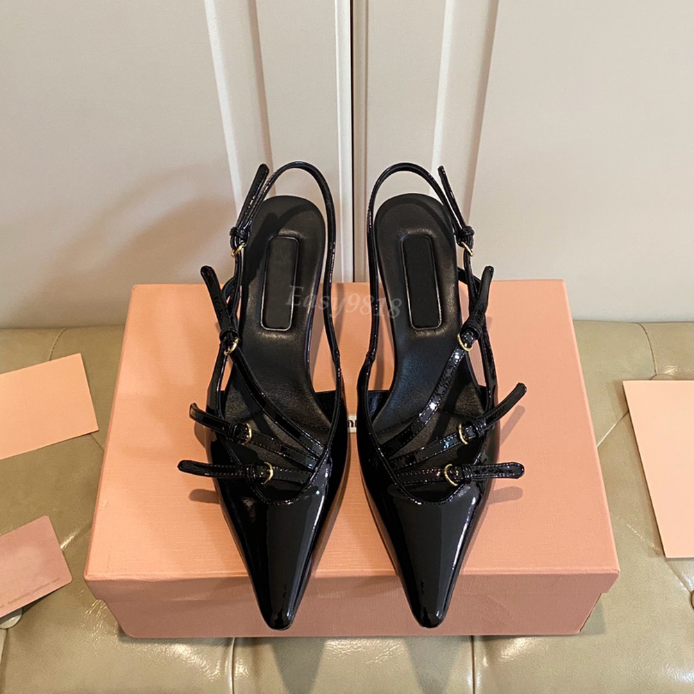 Luxury shoes high heels designer miui sandals pumps women slingbacks vintage calfskin mules sexy office ladies leather sandal buckle party wedding shoe OOTD black