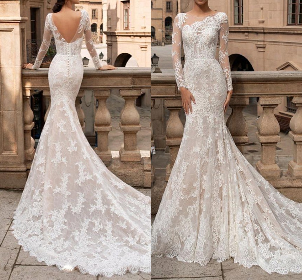 Modest Sleeve Lace Mermaid Wedding Dresses Sexy Backless Jewel Neck Appliques Ruched Long Bridal Gowns Robes de mariage BC18635