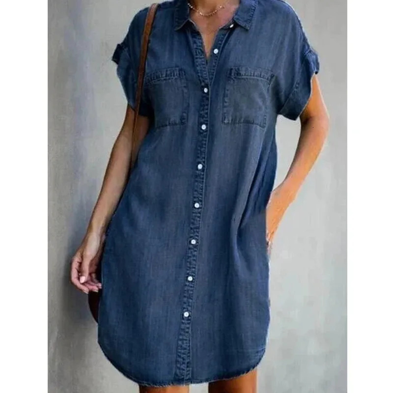 Plus Size Women Denim Shirt Dresses Short Sleeve Distressed Jean Dress Button Down Casual Tunic Top 240403