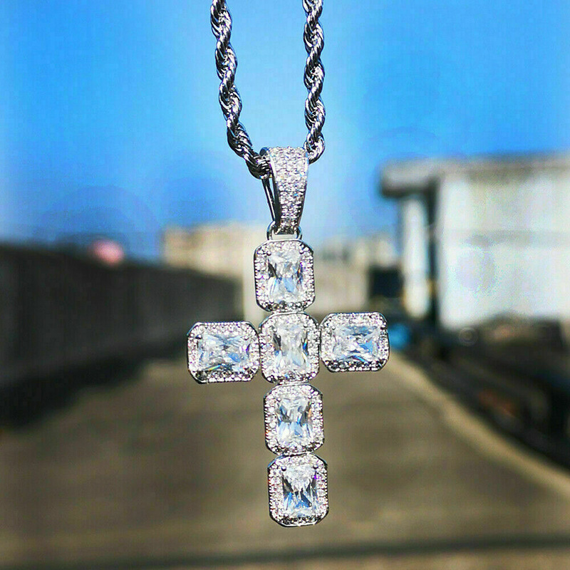 Hip Hop Cross Pendant: 10KT White Gold Fill Princess Cut Cubic Zirconia Vintage Jewelry Necklace for Men and Women
