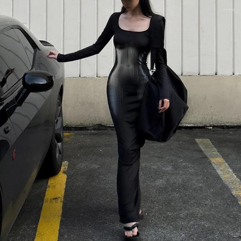 Casual Dresses Spring Autumn Square Collar Sexy Fashion Bodycon Maxi Dress Female Long Sleeve Slim Black Robe Ladies Elegant Vestidos De