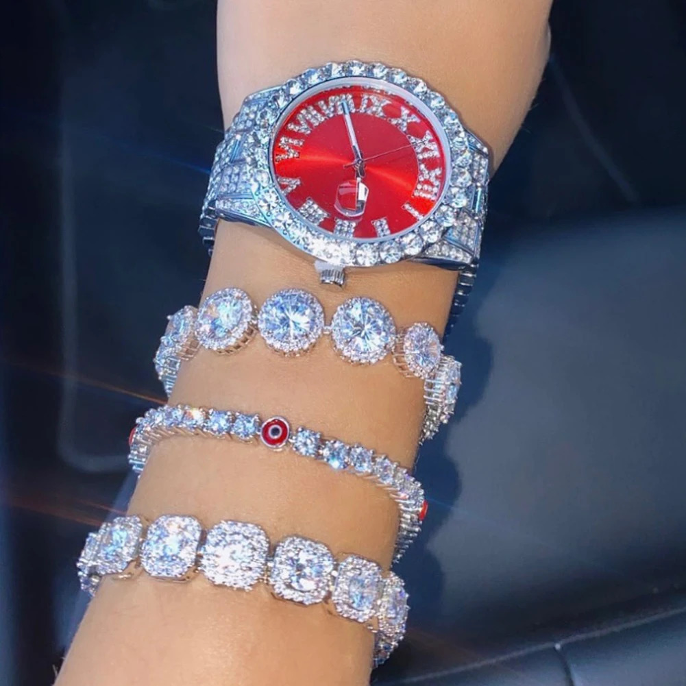 NecklaceWatchBracelet Iced Out Watch For Men Hip Hop 14MM Prong Cuban Chain Rapper Cuban Necklaces Set Punk Party Jewelry Gift 240323