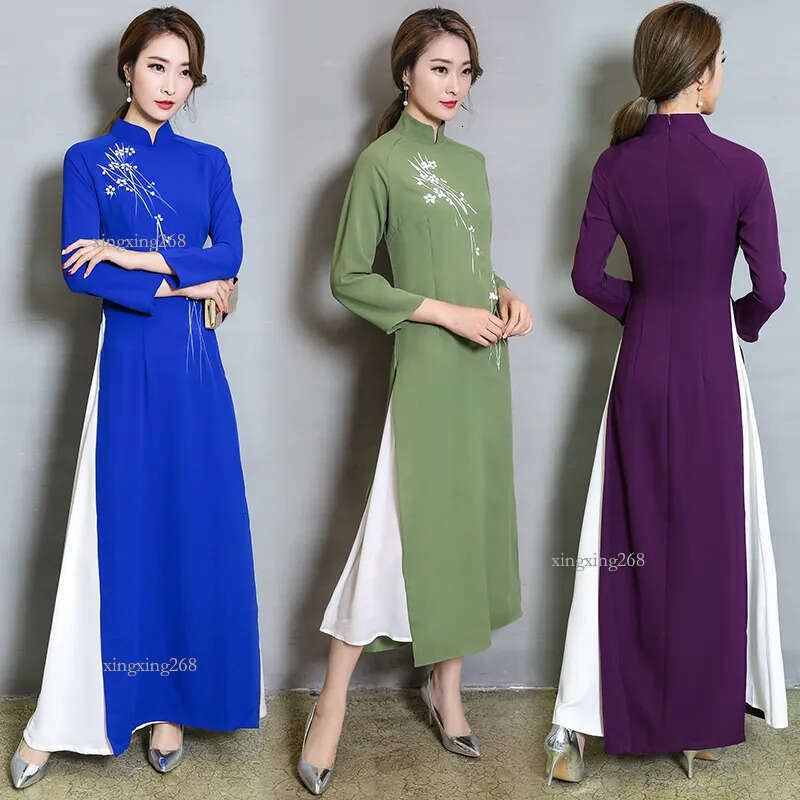 Vietnam Ao Dai Patchwork Tight Dress for Woman Chinese Traditional Costumes Qipao Cheongsams Flower Female Oriental Outfits