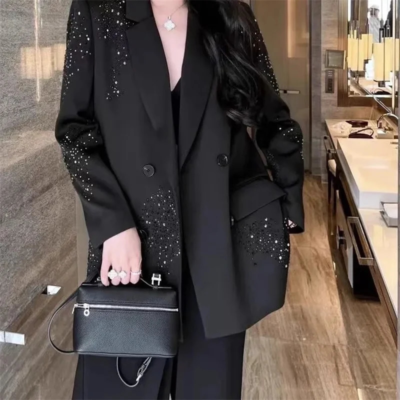 High-grade Rhinestone Black Small Suit Jacket Female 2025 Spring and Autumn Double-breasted Loose Casual Fashion Blazer Top 241118